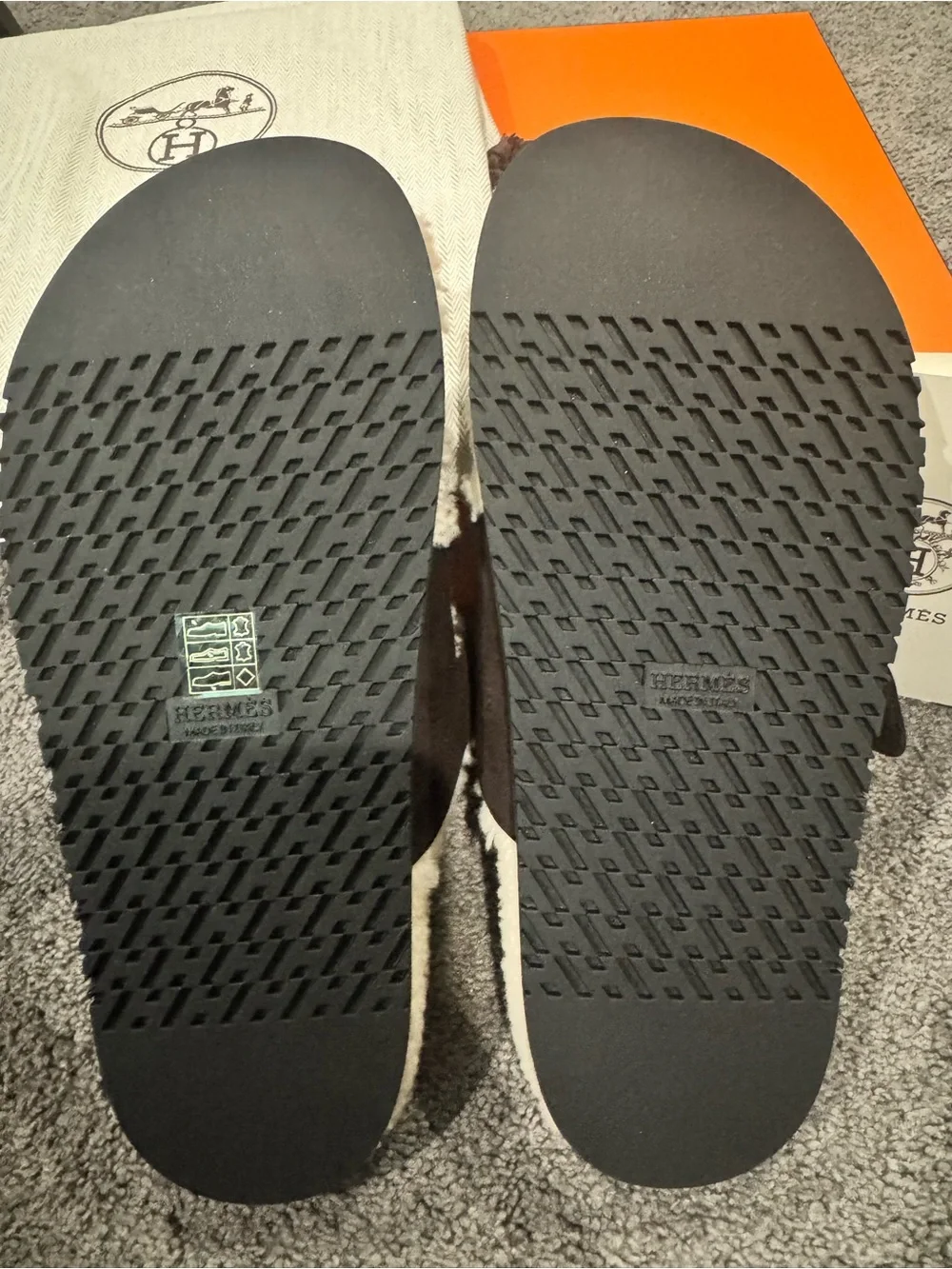 Hermes Shearling Slip-On Slides in Cream and Dark Brown